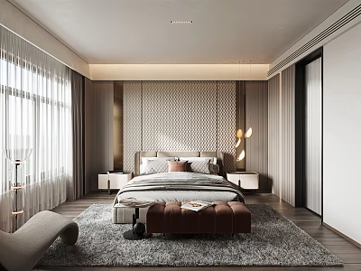 Stylish Modern Bedroom Interior Design With Patterned Headboard Wall Bed Nightstands And Soft Rug 3d model