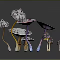 Colorful Umbrella Shaped Mushrooms With Pink White Purple Hues And Various Sizes On Dark Background