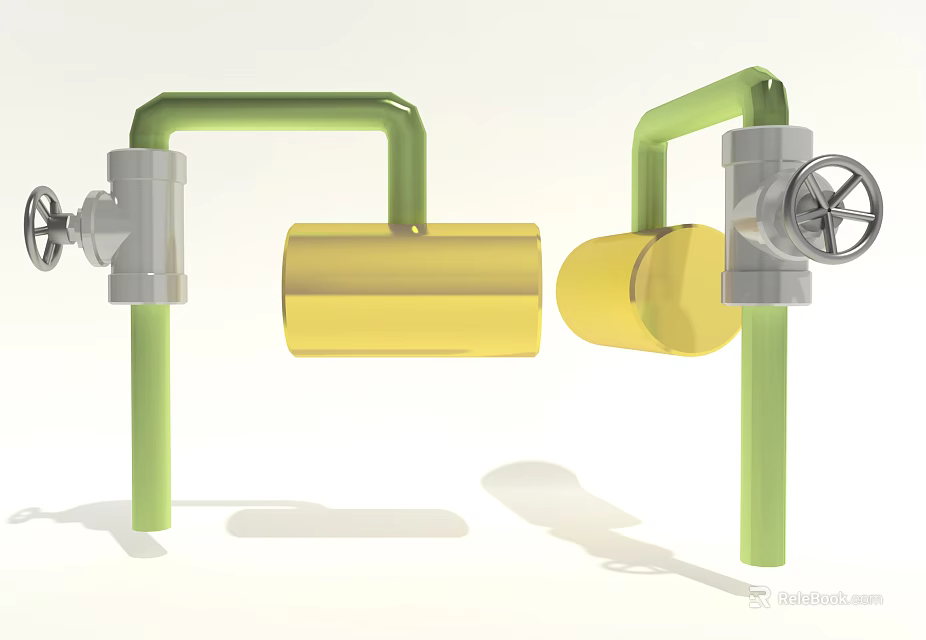 Public Utility Pipeline System With Green Pipes Yellow Storage Tanks And Valves 3d model 