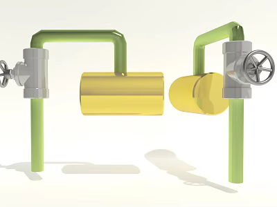 Public Utility Pipeline System With Green Pipes Yellow Storage Tanks And Valves 3d model