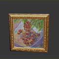 Computer Monitor Displaying Gold Framed Fruit Painting With Green Leaves And Colorful Background