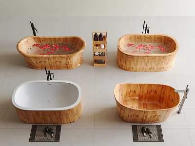 Wooden Bathtubs With Flower Petals Storage Shelf And Bathroom Accessories 3d model