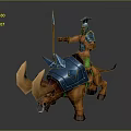 Blue Armored Fantasy Warrior Riding Horned Brown Rhino With Spear