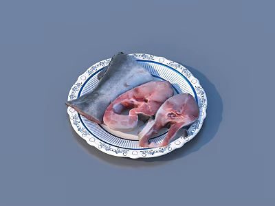Fresh Raw Fish Pieces Placed On Blue White Patterned Plate 3d model