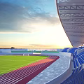 Sunlit Stadium Building With Red Running Track Blue Stands Green Lawn And Curved Roof