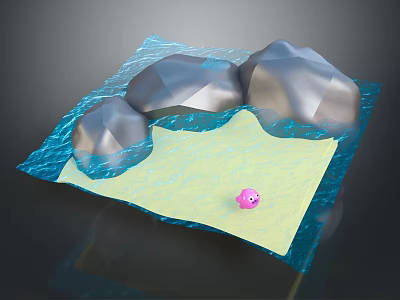 Cartoon Scene With Blue Water Ripples Gray Stones Yellow Sand And Pink Small Ball 3d model