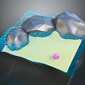 Cartoon Scene With Blue Water Ripples Gray Stones Yellow Sand And Pink Small Ball