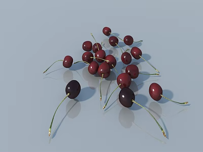 Realistic Red And Black Cherry Sculptures With Green Stems On Smooth Reflective Surface 3d model