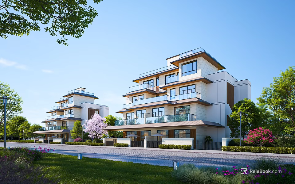 Modern Detached Villa Exterior With Balconies Large Windows Greenery And Driveway 3d model 