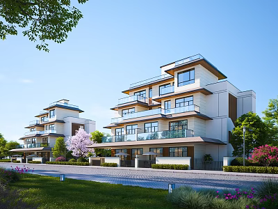 Modern Detached Villa Exterior With Balconies Large Windows Greenery And Driveway 3d model