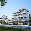 Modern Detached Villa Exterior With Balconies Large Windows Greenery And Driveway