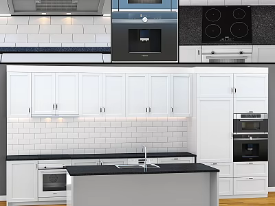 Modern Kitchen Interior With White Cabinets Island Black Countertop And Appliances 3d model