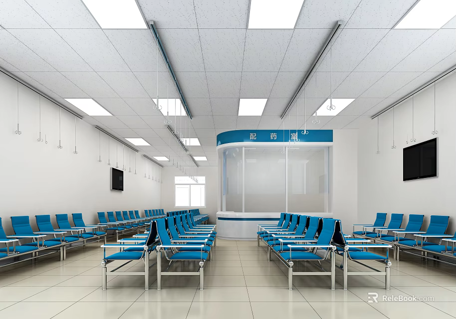 Hospital Outpatient Waiting Area With Neatly Arranged Blue Chairs White Lights And TV Screens 3d model 