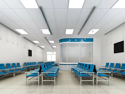 Hospital Outpatient Waiting Area With Neatly Arranged Blue Chairs White Lights And TV Screens 3d model