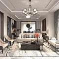 Elegant Dining and Living Room Interior With Chandelier Dining Table and Upholstered Chairs