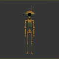 Yellow Green Robot Character With Dome Head Antenna And Long Limbs