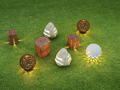 Outdoor Lights With Stump Stone And Hollow Ball Designs On Green Grass 3d model