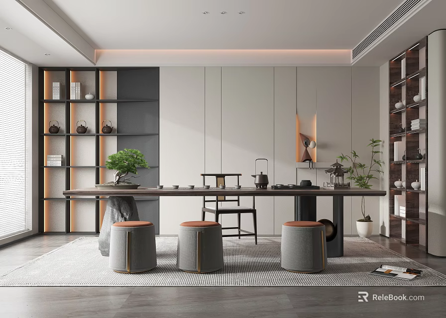 Modern Minimalist Tea Room Interior With Long Table Stools And Plants 3d model