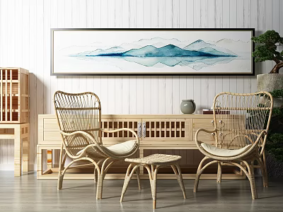 Wicker Outdoor Chairs With Small Coffee Table Landscape Painting And Green Plant In Cozy Room 3d model