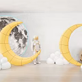 Astronaut Standing Between Yellow Crescent Moons With Moon Backdrop And Cloud Shapes 3d model