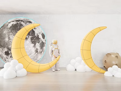 Astronaut Standing Between Yellow Crescent Moons With Moon Backdrop And Cloud Shapes 3d model