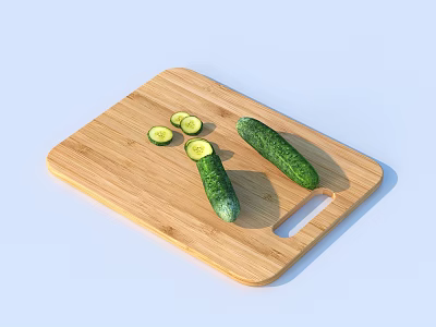 Fresh Whole Cucumbers and Sliced Pieces Placed on Wooden Cutting Board 3d model