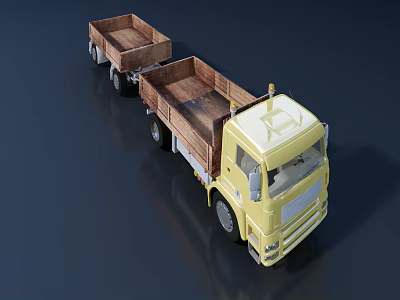 Yellow Flatbed Truck With Two Wooden Cargo Trailers And Cab 3d model
