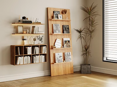 Wooden Bookcase With Books Decorative Items And Potted Plant In Bright Living Room Interior 3d model