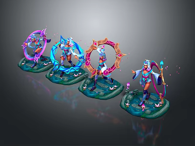 Vibrant Fantasy Game Movie Characters With Purple Blue Rings Magical Staffs On Green Bases 3d model