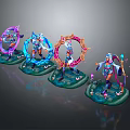 Vibrant Fantasy Game Movie Characters With Purple Blue Rings Magical Staffs On Green Bases