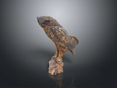 Realistic Wooden Owl Sculpture Perched On Natural Tree Stump Base 3d model