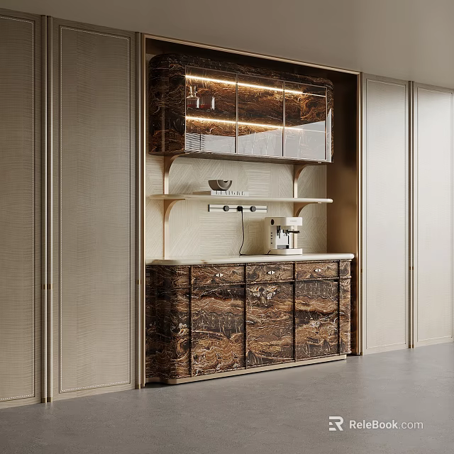 Modern Wine Cabinet with Marble Texture LED Lighting and Display Shelves 3d model 