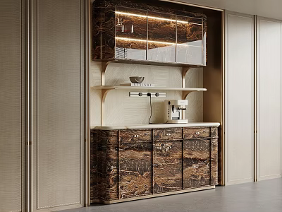 Modern Wine Cabinet with Marble Texture LED Lighting and Display Shelves 3d model