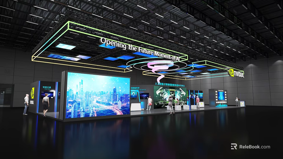 Modern Exhibition Booth With Large LED Screen Interactive Displays And Bright Lighting Design 3d model