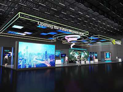 Modern Exhibition Booth With Large LED Screen Interactive Displays And Bright Lighting Design 3d model