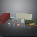 Outdoor Exhibition Scene Components Red Container White Display Board Green Plants And Bench