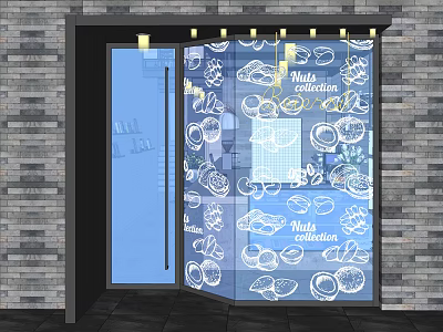 Charming Café Entrance With Glass Door Hand Drawn Food Illustrations And Brick Wall Lighting 3d model