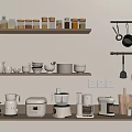 Organized Kitchen With Shelves Jars Cups Bowls Hanging Utensils And Appliances