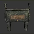 Carved Bronze Sculpture With Square Shape Decorative Patterns Legs And Handles In Green Gold Color