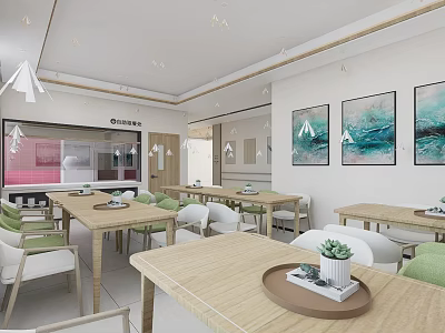Bright Modern Restaurant Interior With Wooden Tables Green White Chairs And Wall Paintings 3d model