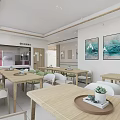 Bright Modern Restaurant Interior With Wooden Tables Green White Chairs And Wall Paintings