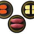Delicious Assorted Sushi Plates With Tuna Salmon And Tamagoyaki On Black Gold Rimmed Dishes