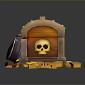 Decorative Wooden Treasure Chest With Purple Lock Gold Coins And Skull