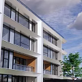 Duplex Villa Modern Exterior With Large Glass Windows Multi Floor Design Greenery And Blue Sky Surroundings