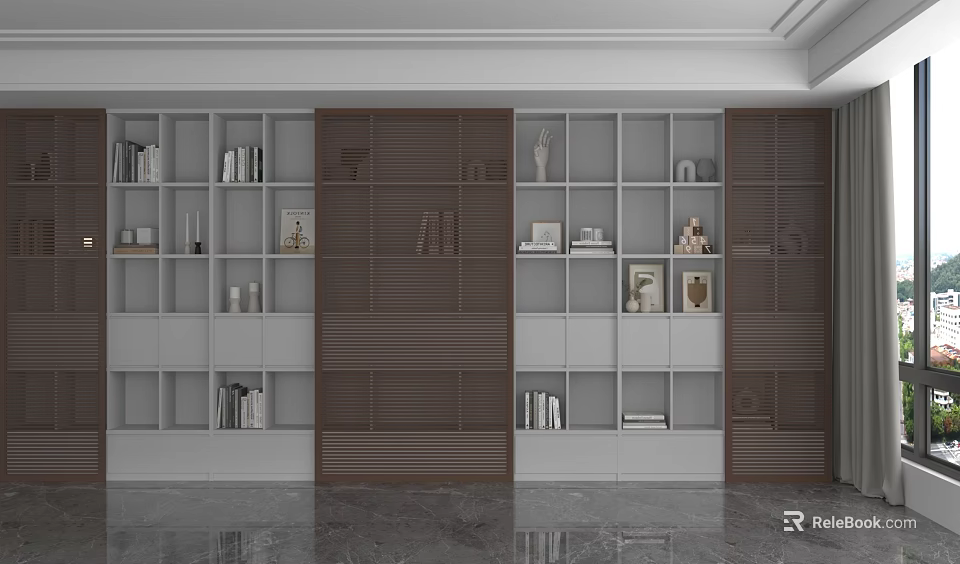 Modern White and Brown Shelving Unit with Books Decorative Sculptures and Frames in Living Room 3d model 