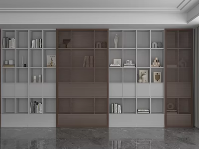 Modern White and Brown Shelving Unit with Books Decorative Sculptures and Frames in Living Room 3d model