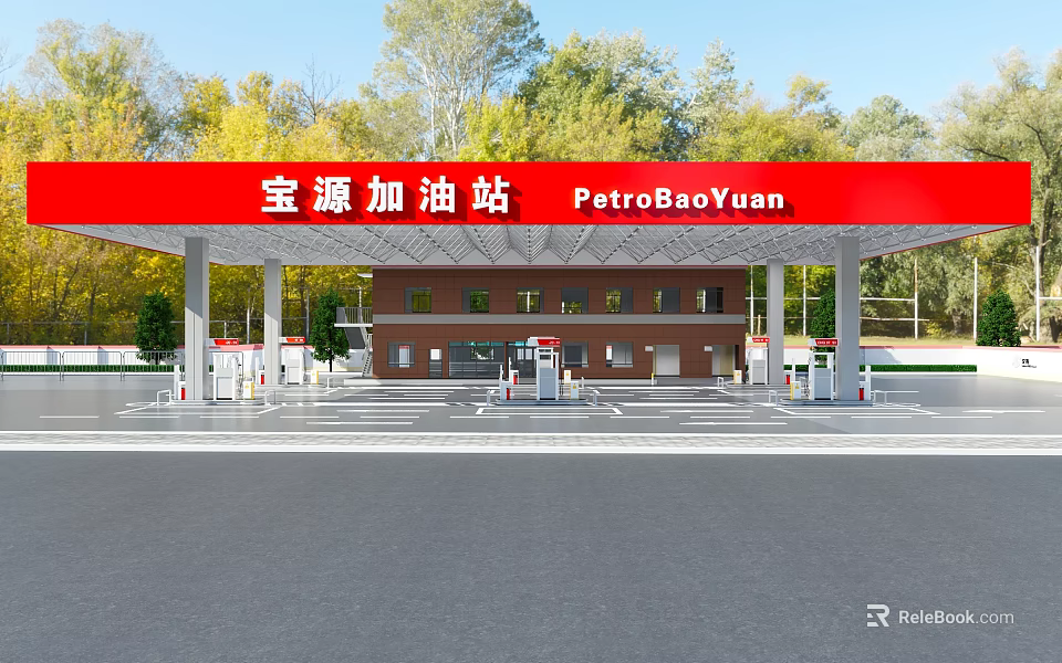 PetroBaoYuan Gas Station Exterior View With Red Canopy Fuel Dispensers And Surrounding Trees 3d model 
