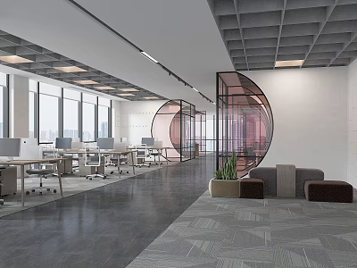 Modern Public Office Space With Open Layout Desks Computers Circular Glass Partitions And Potted Plants 3d model