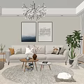 Modern Living Room With Beige Sofa Throw Pillows Wall Art Chandelier And Cat On Rug