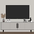 Elegant Modern White TV Stand With TV Decorative Vase Books And Sculpture